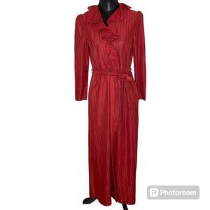 Vintage Vassarette Robe Long Ruffle Polyester Belted Floor Length Red Size Small